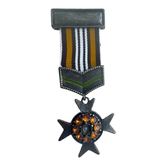 Vintage | Maltese Cross Medal Brooch | Orange Rhinestones | Stripes |Pin Closure - Picture 1 of 2